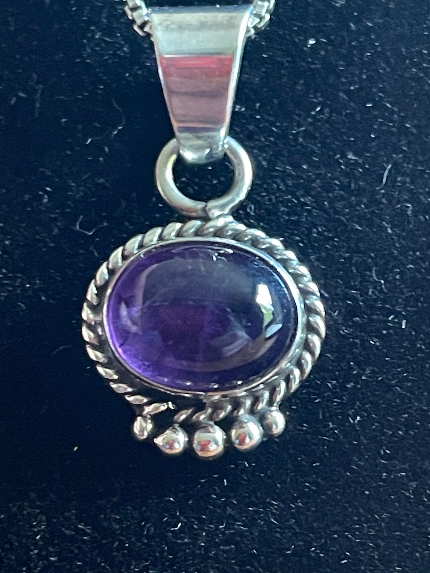 16" Sterling Silver Box Chain Necklace w/ Purple Cabochon Pendant