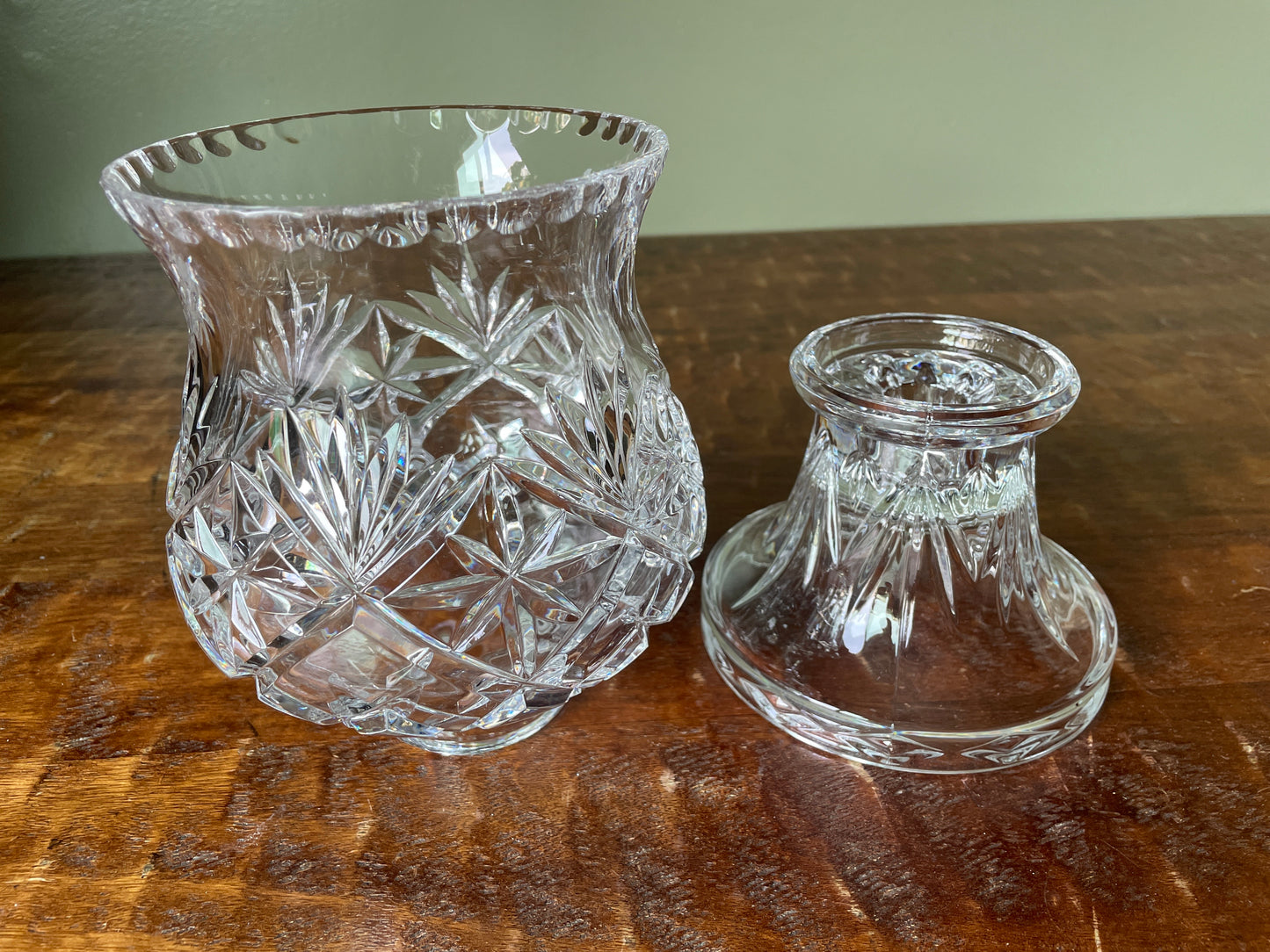 Vintage Cut Crystal Glass Hurricane Lamp Candle Holder 2-piece Diamond