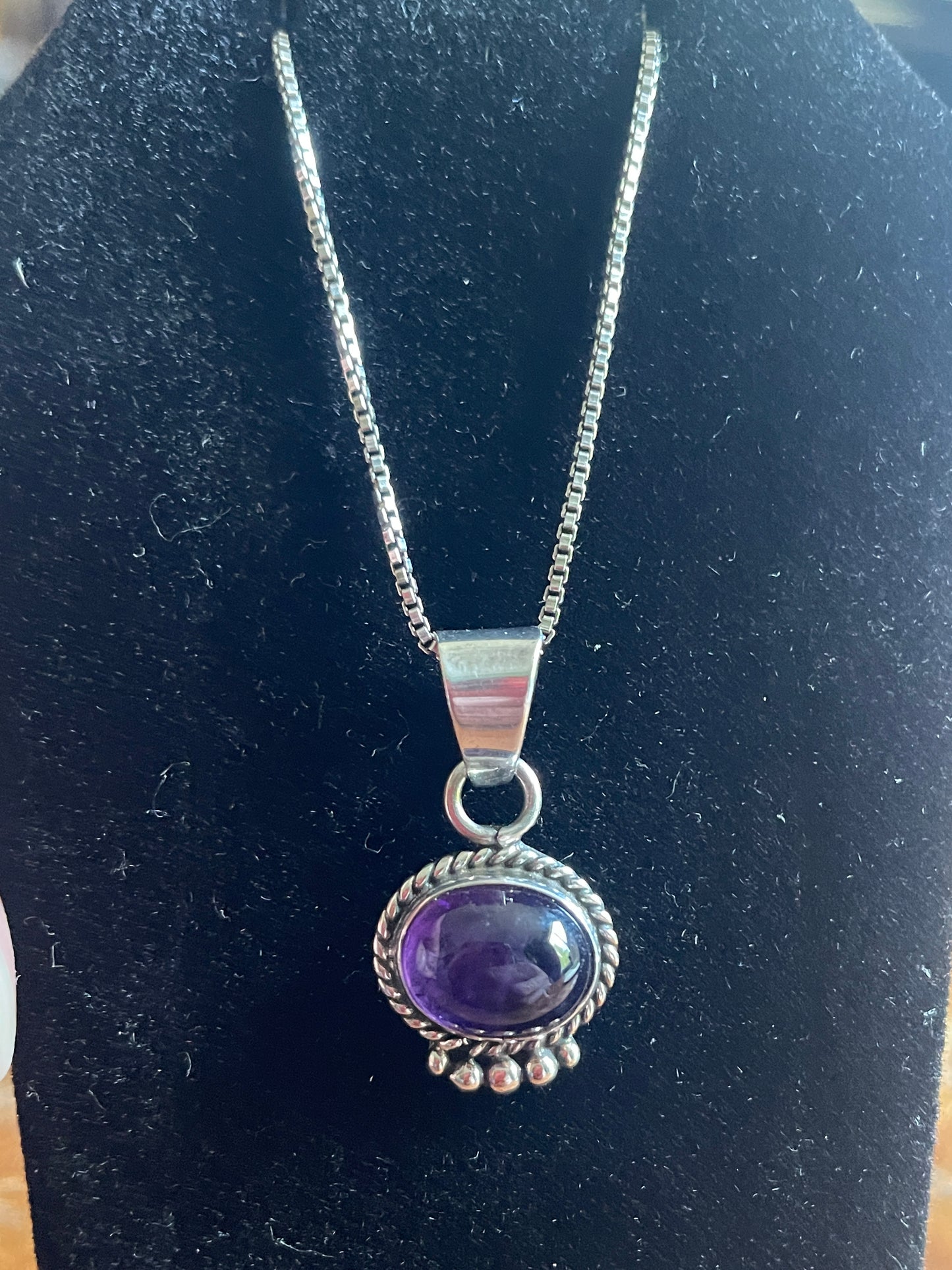 16" Sterling Silver Box Chain Necklace w/ Purple Cabochon Pendant