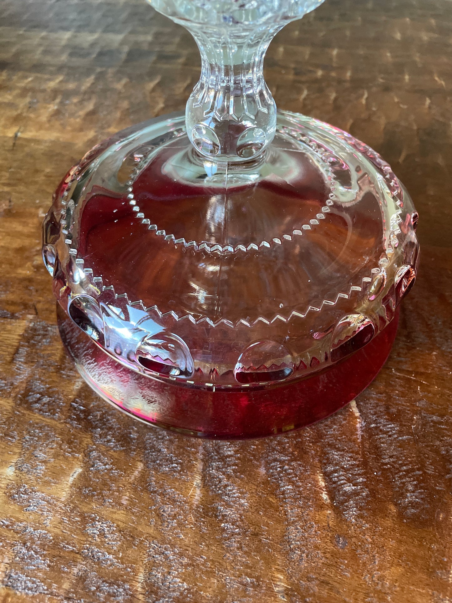 Vintage Kings Crown Thumbprint red iridescent pedestal candy dish