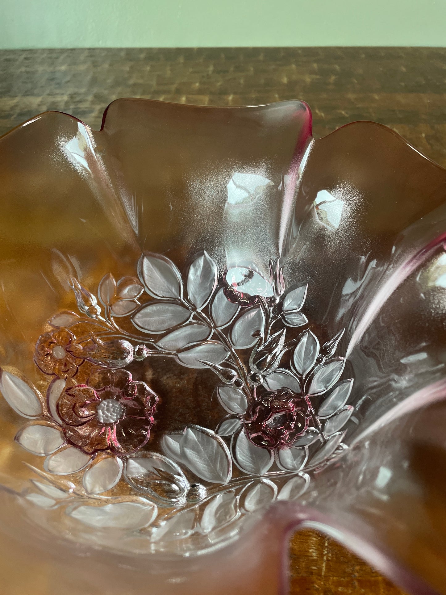 Vintage Mikasa Rosella Pattern 10" Fluted Bowl Frosted Pink Flowers Ruffled Edge