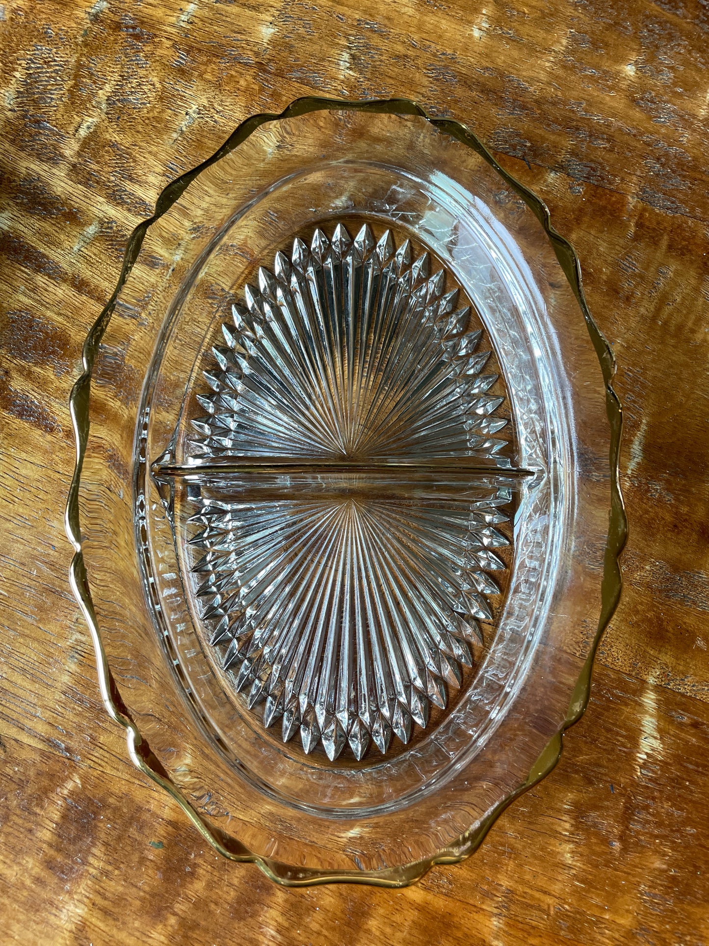Vintage Depression  Glass Jeannette Starburst Clear Divided Oval Glass Dish, Gold Trim