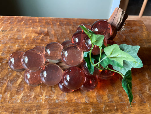 Vintage Lucite Grape Cluster W/ Leaves Rose Large MCM  11” Acrylic