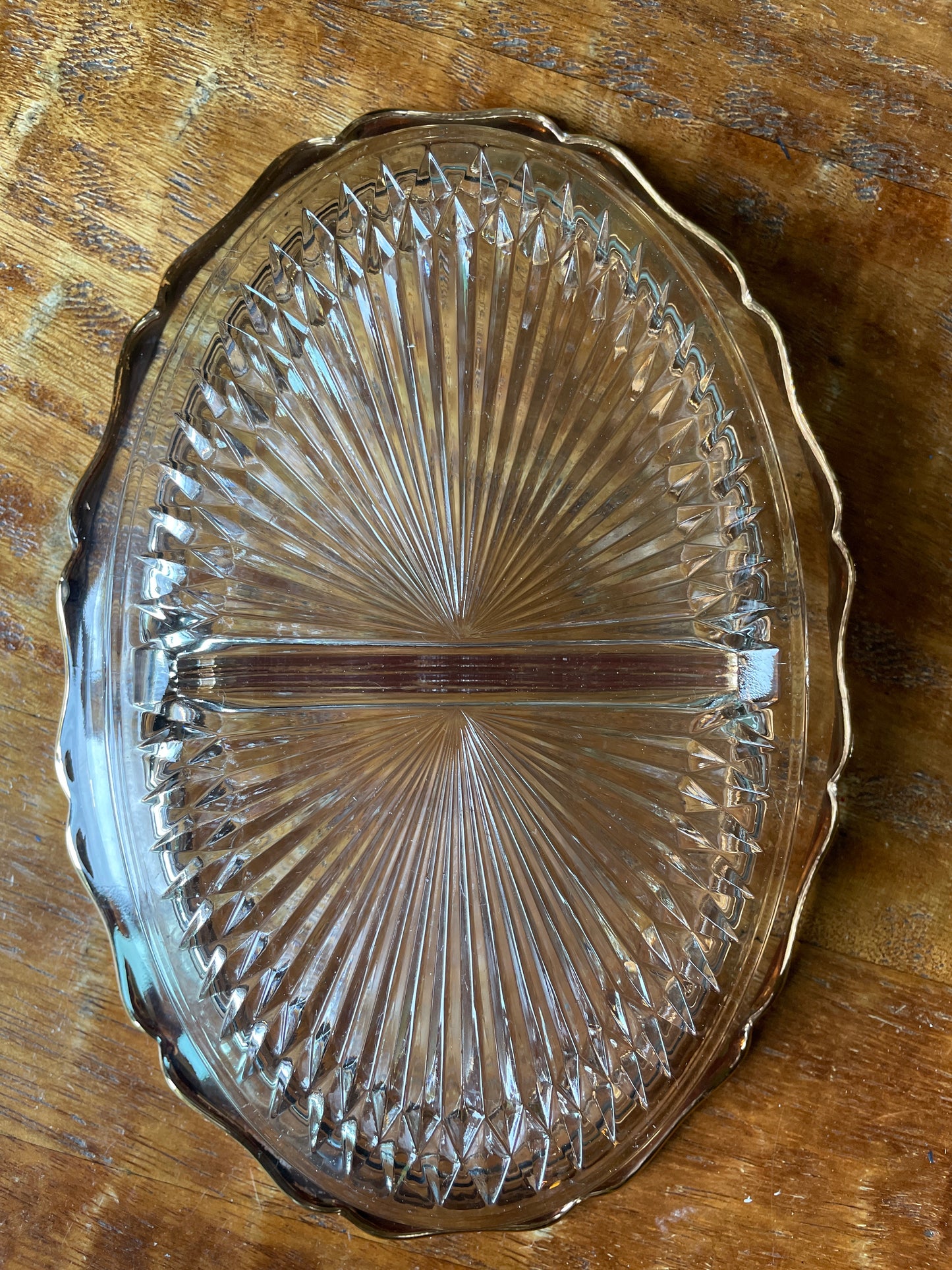 Vintage Depression  Glass Jeannette Starburst Clear Divided Oval Glass Dish, Gold Trim