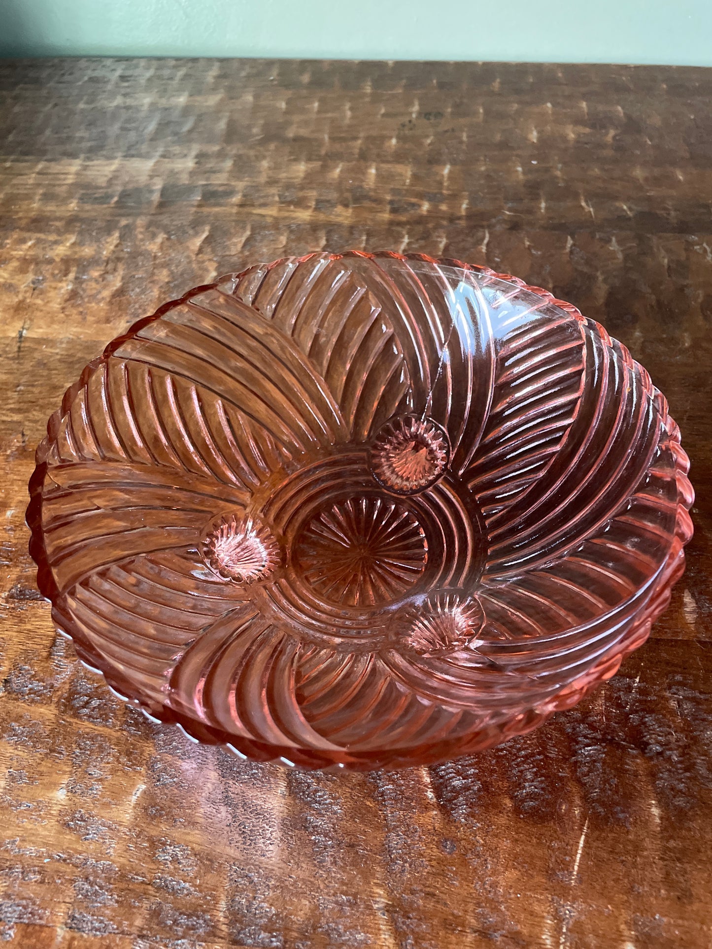 Vintage Anchor Hocking Pink Prismatic Swirl Depression Glass Footed Bowl