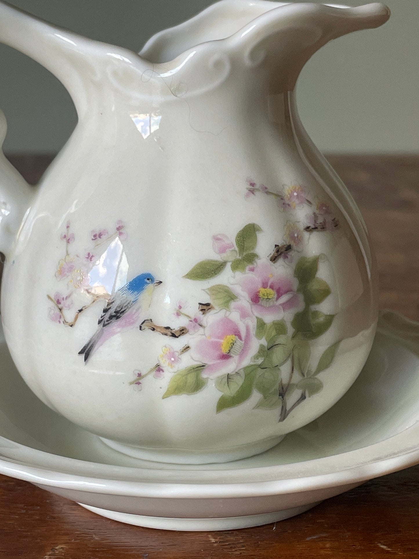 Vintage Small Ceramic Pitcher and Bowl Floral/Birds East Wind by Takahashi