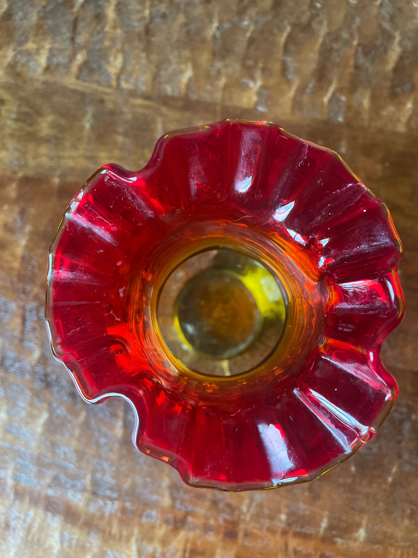 Amberina Thumb Dot Ruffle Edge Glass Vase Large