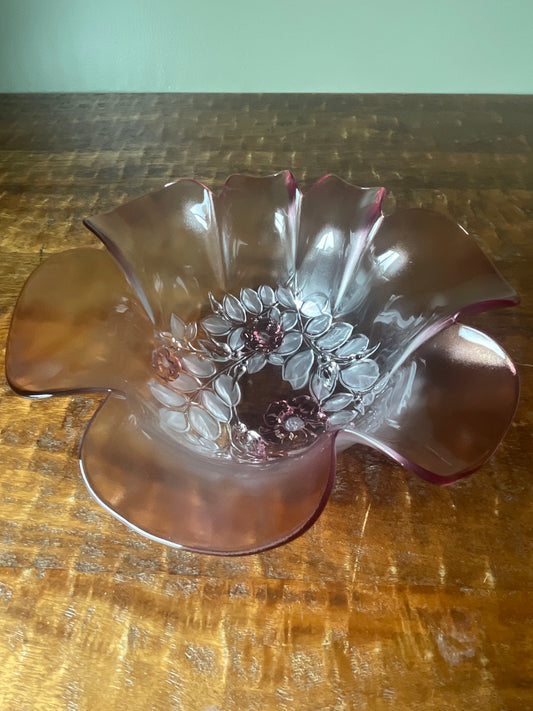 Vintage Mikasa Rosella Pattern 10" Fluted Bowl Frosted Pink Flowers Ruffled Edge