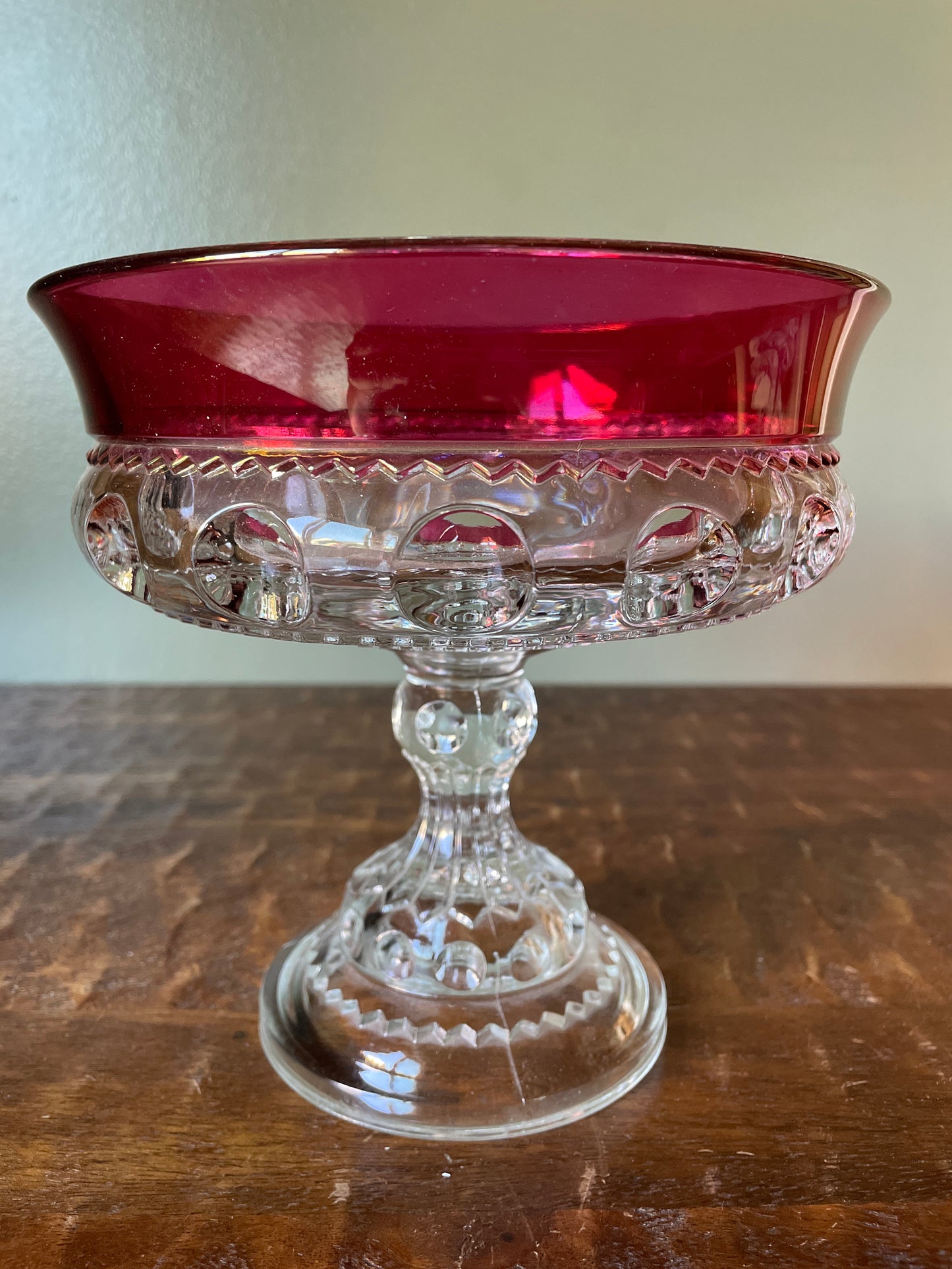 Vintage Kings Crown Thumbprint red iridescent pedestal candy dish