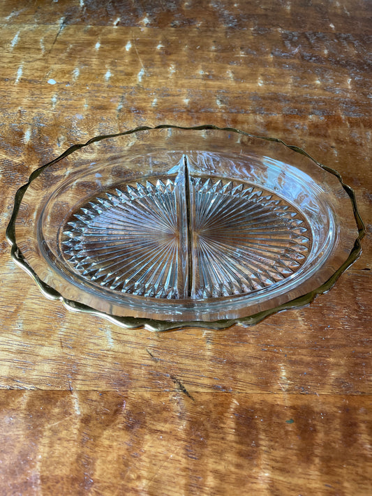 Vintage Depression  Glass Jeannette Starburst Clear Divided Oval Glass Dish, Gold Trim