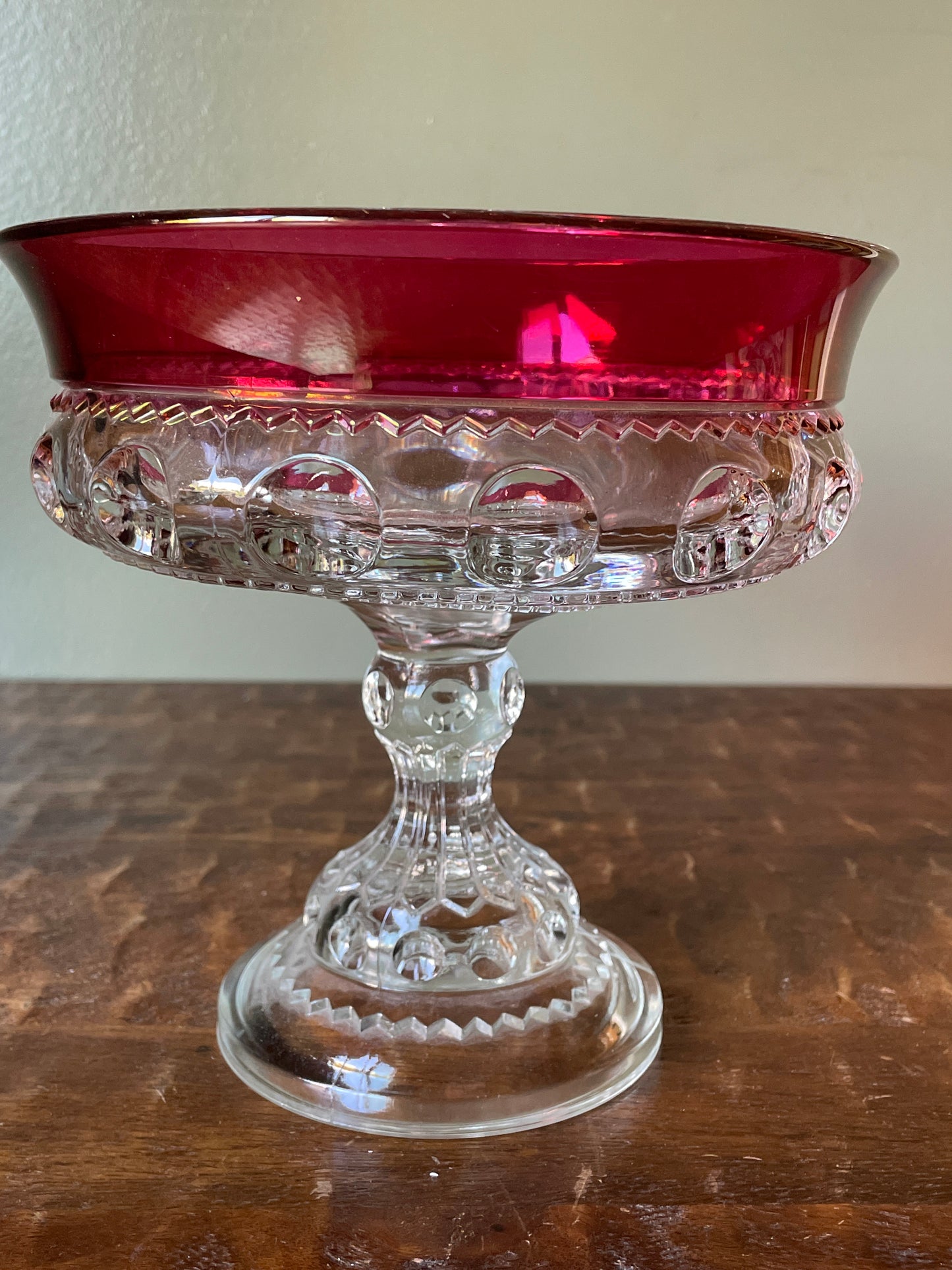 Vintage Kings Crown Thumbprint red iridescent pedestal candy dish