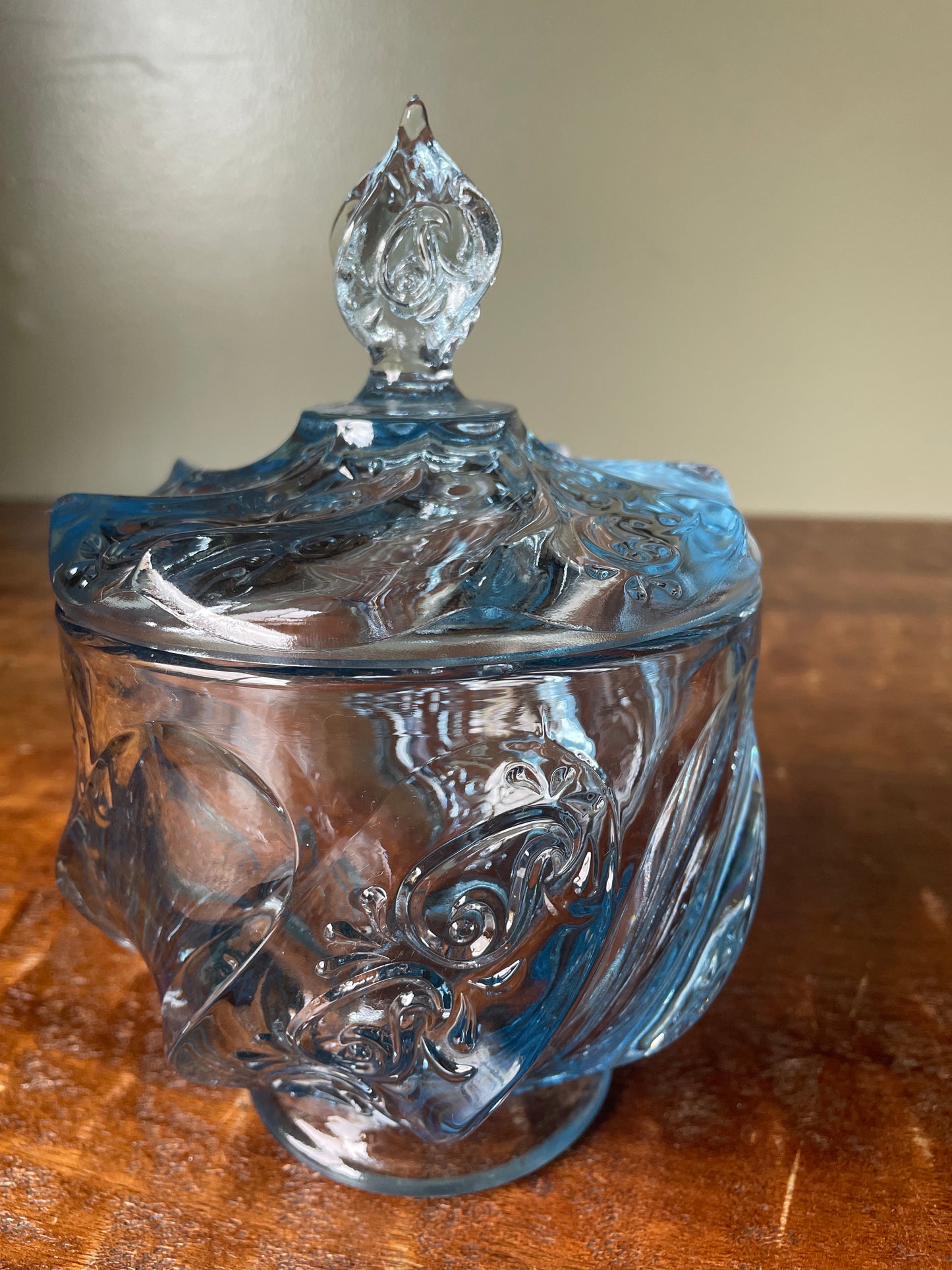 Vintage Fenton Blue Glass Candy Dish Paisley Swirl Design