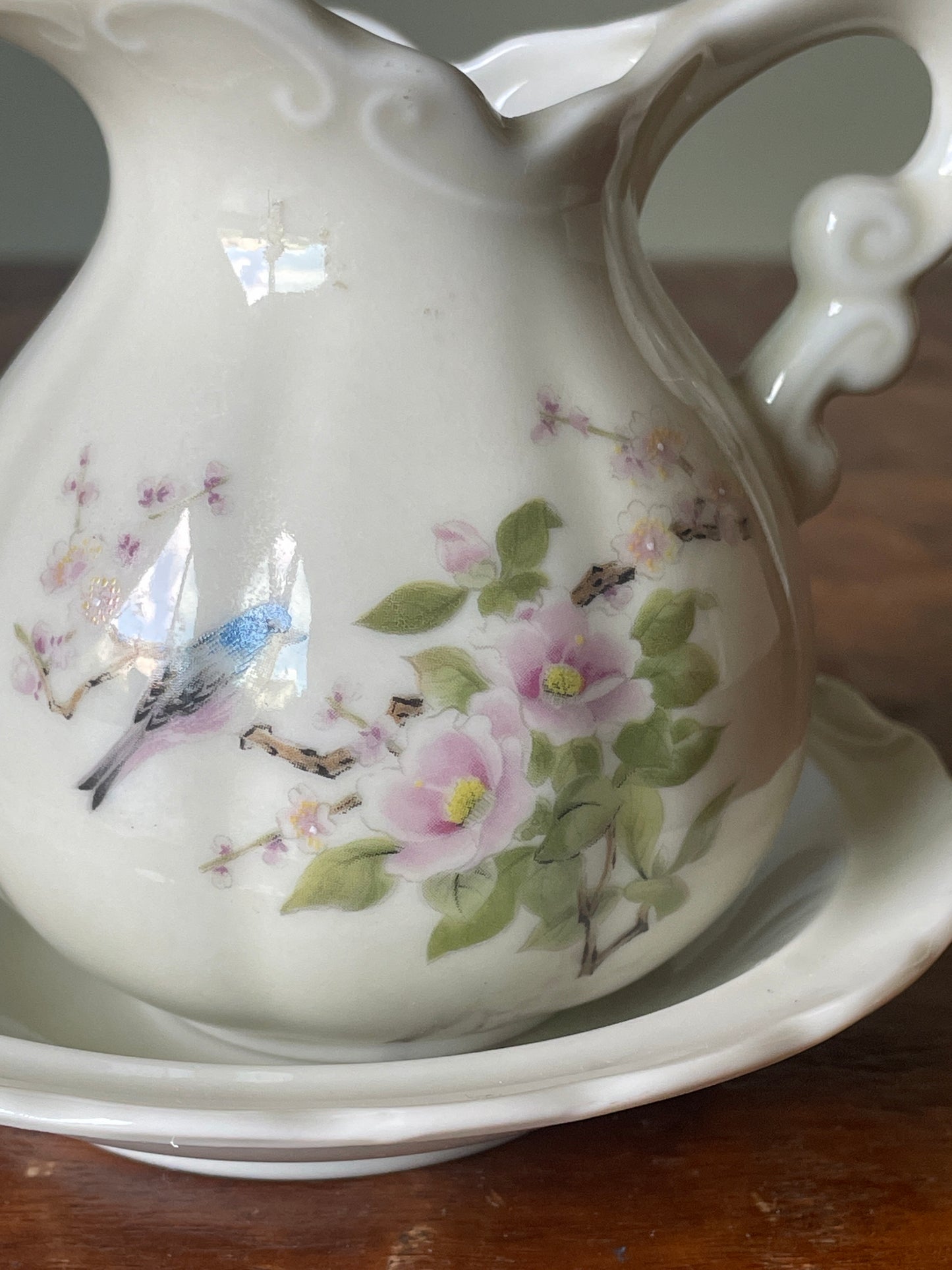 Vintage Small Ceramic Pitcher and Bowl Floral/Birds East Wind by Takahashi