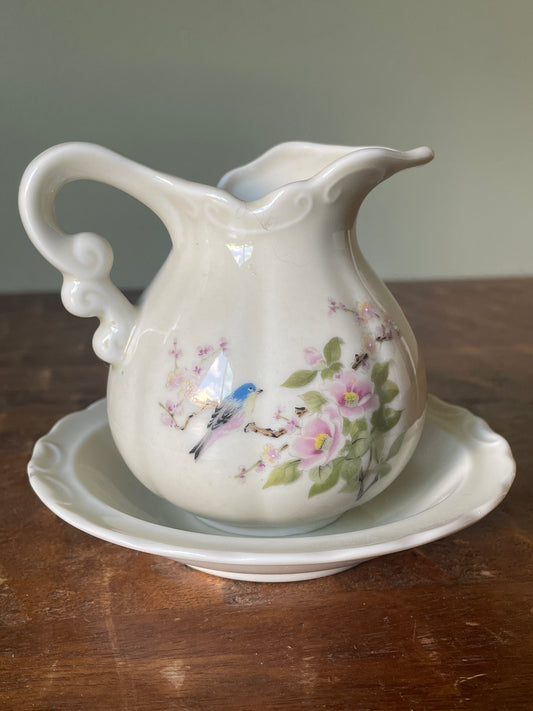 Vintage Small Ceramic Pitcher and Bowl Floral/Birds East Wind by Takahashi