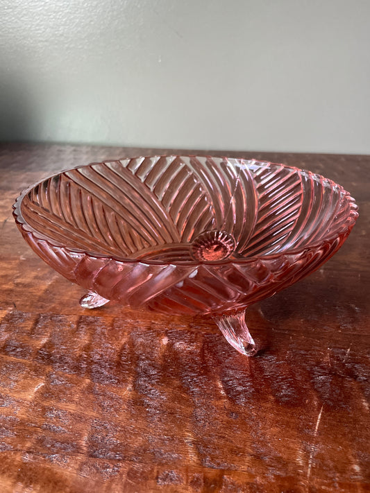 Vintage Anchor Hocking Pink Prismatic Swirl Depression Glass Footed Bowl
