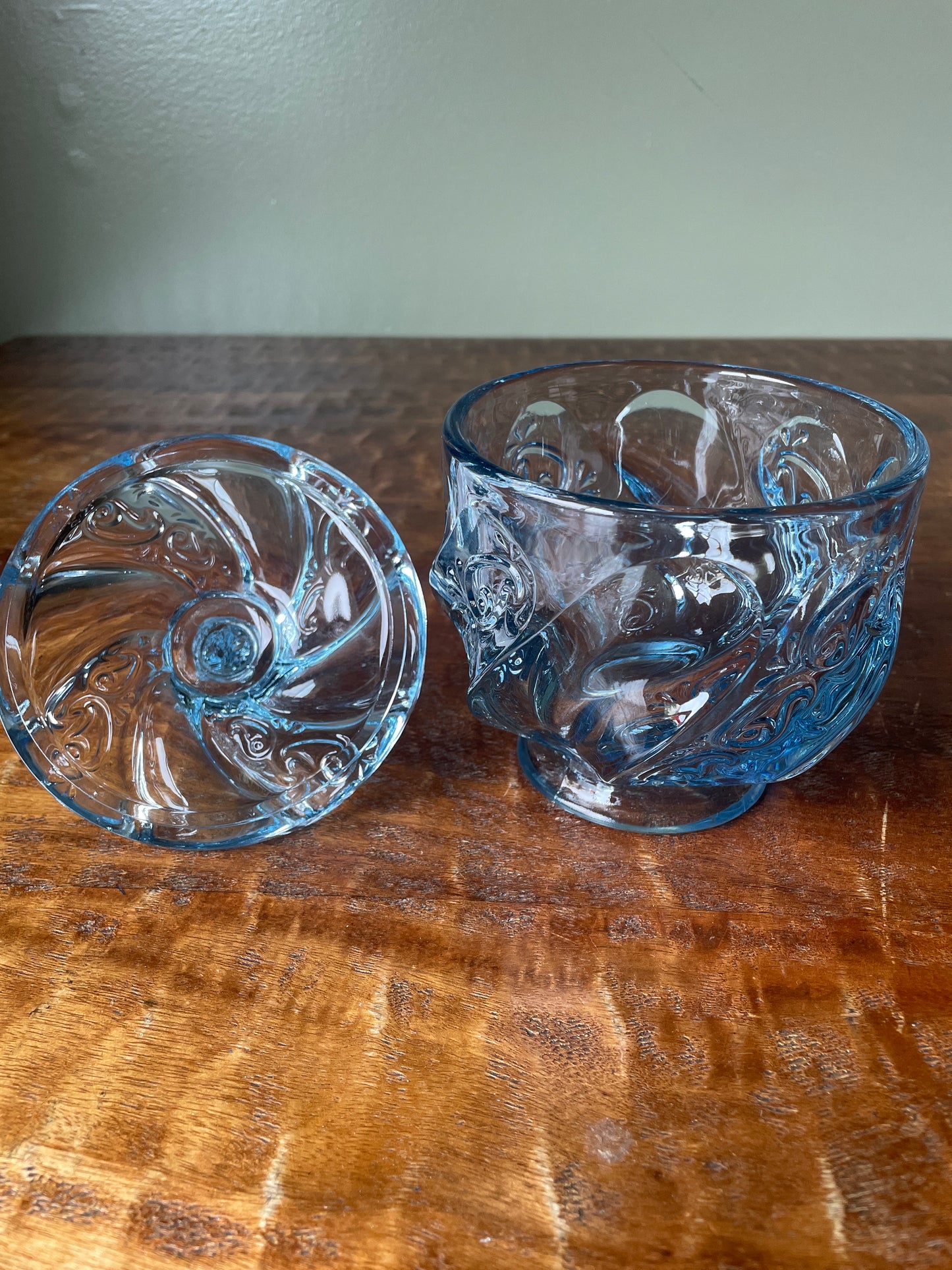 Vintage Fenton Blue Glass Candy Dish Paisley Swirl Design