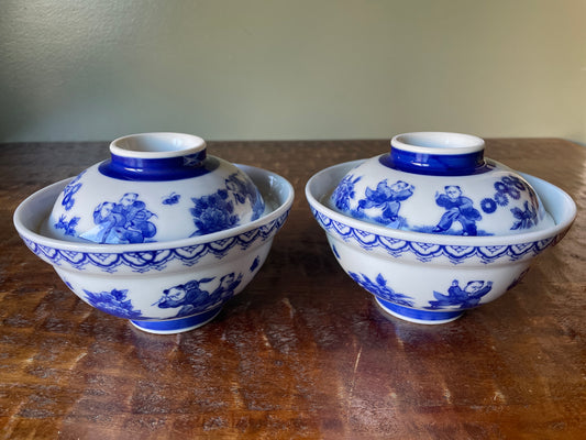 Pair of Japanese Blue & White Porcelain Karako bowls