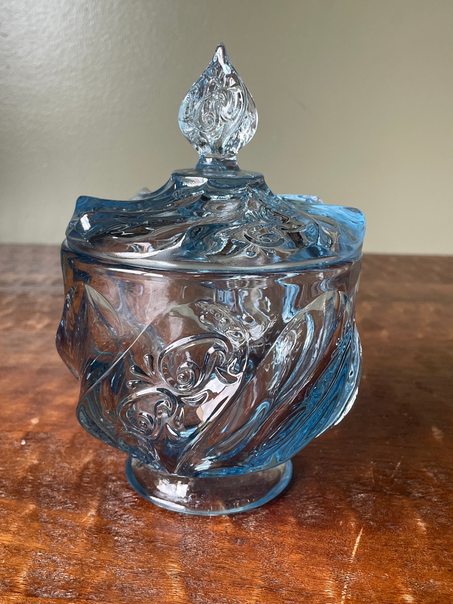 Vintage Fenton Blue Glass Candy Dish Paisley Swirl Design
