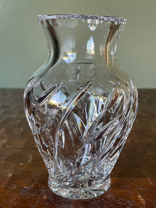 Vintage Crystal Bud Vase - Cut Leaf Design Fluted Rim Star Bottom