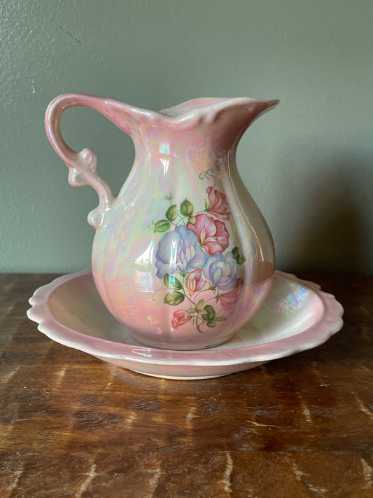 Vintage Porcelain Pitcher & Basin with Hand painted Rose
