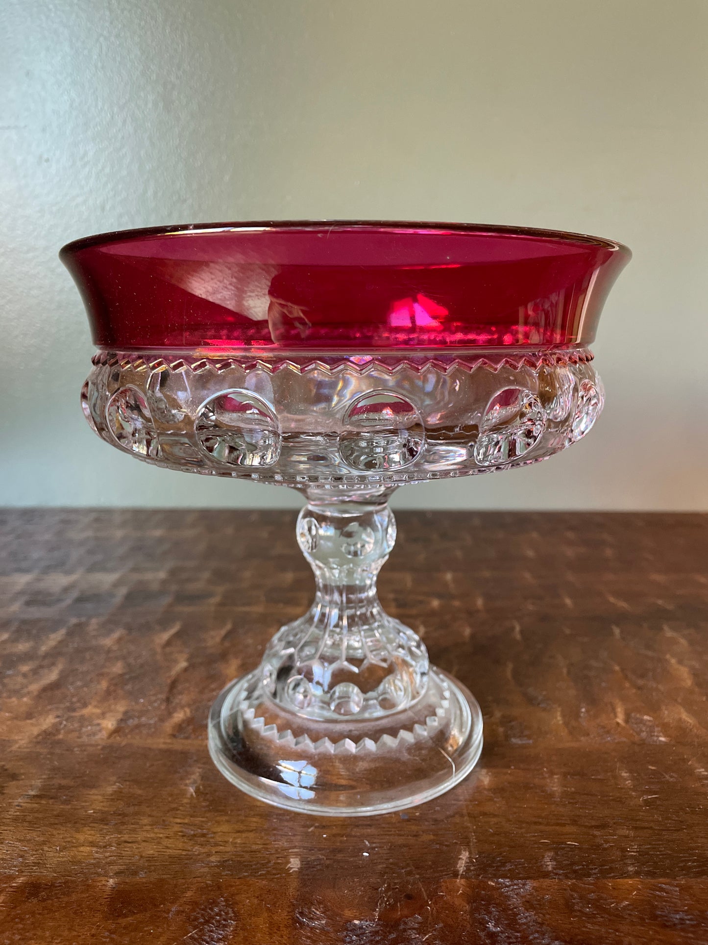 Vintage Kings Crown Thumbprint red iridescent pedestal candy dish