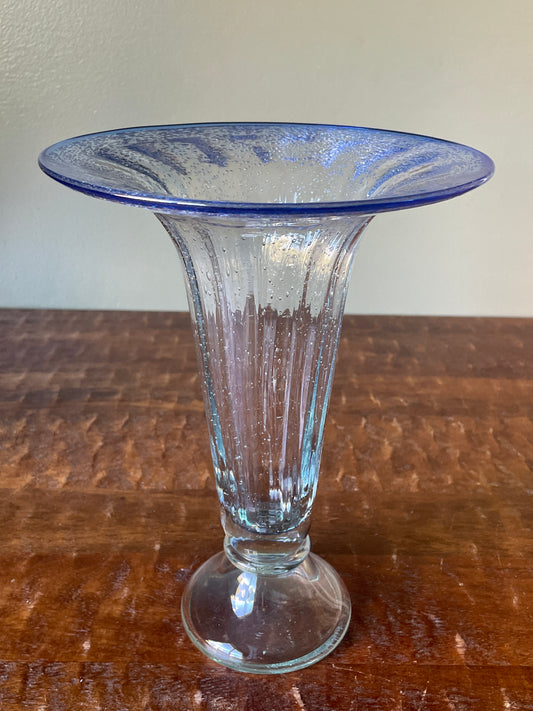 Handblown Tall Trumpet Style Blue Vase