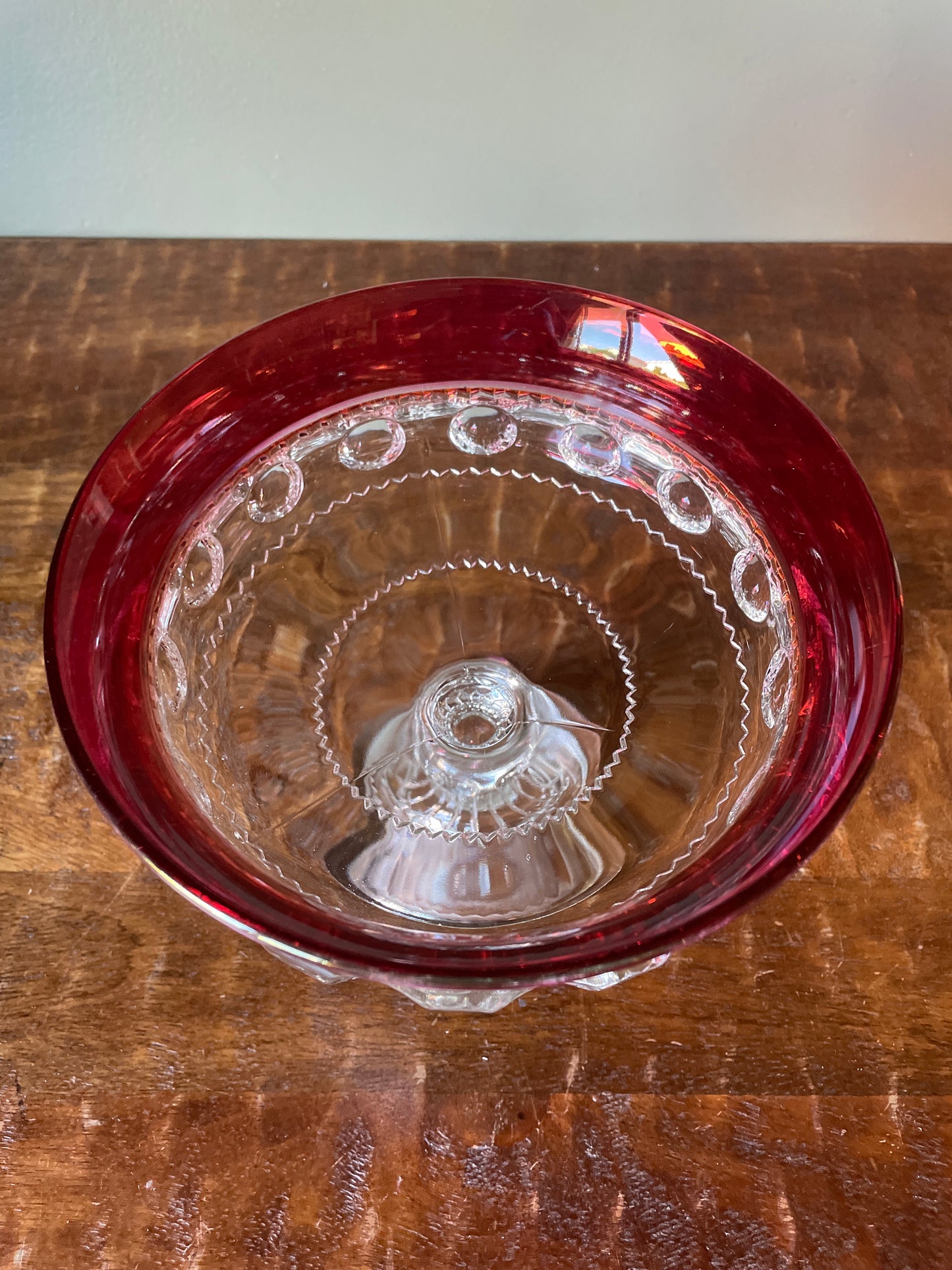 Vintage Kings Crown Thumbprint red iridescent pedestal candy dish