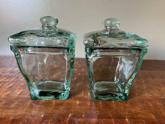 Vintage Pair of Green Glass Apothecary With Glass Lid