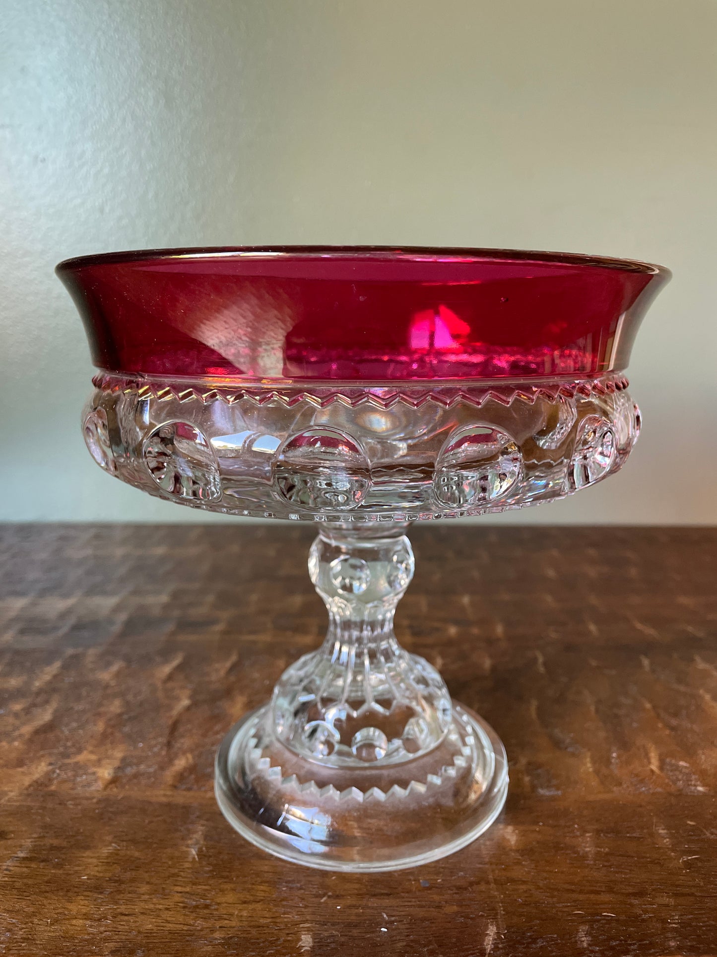 Vintage Kings Crown Thumbprint red iridescent pedestal candy dish